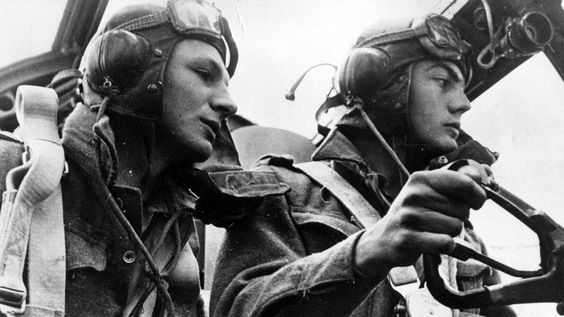 RAF pilots in a Lancaster bomber. (Pinterest via bbc.co.uk)
