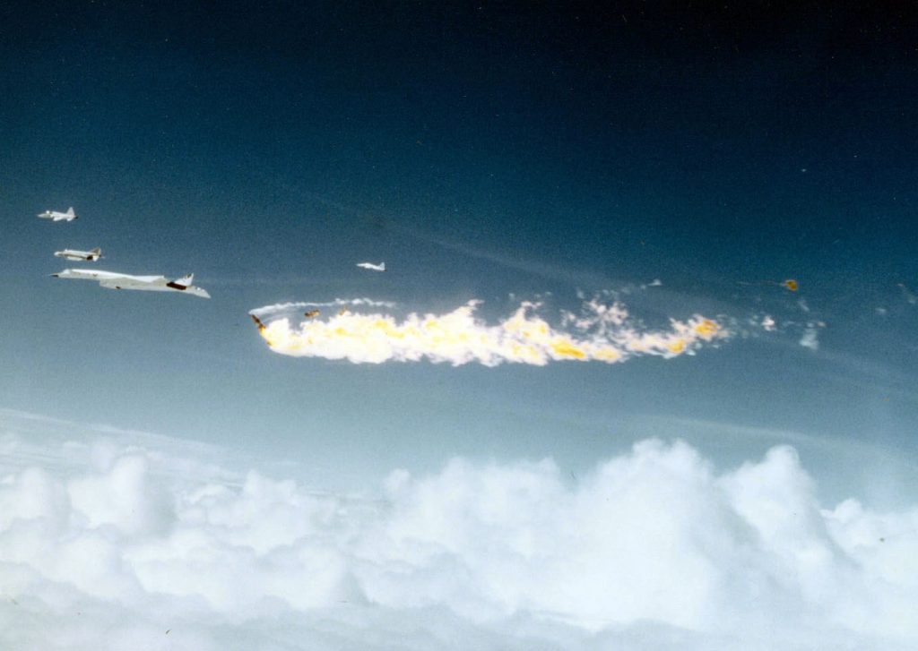 North American XB-70A Valkyrie just after collision. Note the F-104 is at the forward edge of the fireball and most of both XB-70A vertical stabilizers are gone. (U.S. Air Force photo)