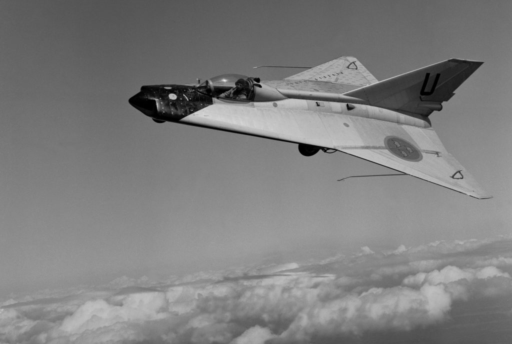 1952-03-02 Saab 210 Lilldraken - Experimental aircraft By developing the Saab 35 Draken, Saab made a bold move by choosing a double delta wing configuration. Due to limited knowledge of this configuration, it was decided to build a special test-bed in order to improve the project safety. The experimental aircraft was scaled down to 70 percent of the planned size and was given the designation Saab 210 Lill-Draken. The intention was primarily to test the flight characteristics at low speeds and to test the assumptions made before undertaking full-scale construction. The maiden flight on 21 January 1952 was made by Bengt Olow. The Saab 210 performed around 1,000 test flights over four years. The results provided valuable experience during development of the Saab 35 Draken. Saab 210 is the first and only experimental aircraft to have been developed throughout Saab's history. Lill-Draken is now on display at the Air Force museum in Linköping, Sweden.