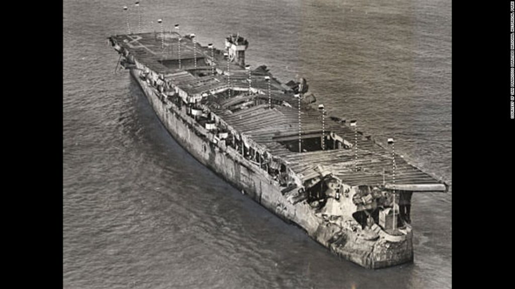 The USS Independence after the nuclear detonation.