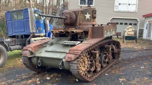 WWII M3A1 Stuart Light Tank Startup and Loading on Low Boy Trailer