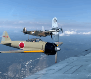 Extremely Rare Reverse Break Filmed from TBM Avenger Featuring Spitfire, Zero, and Corsair