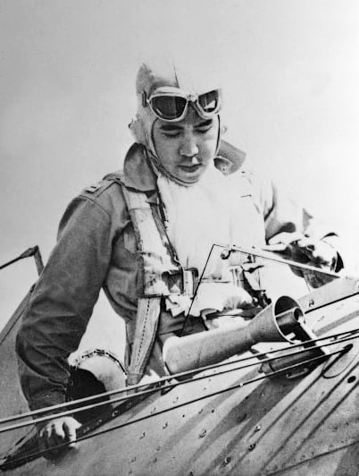 Col. Jesús A. Villamor, commanding officer of the 6th Pursuit Squadron, getting out of the plane after returning from a flight to Batangas Field.