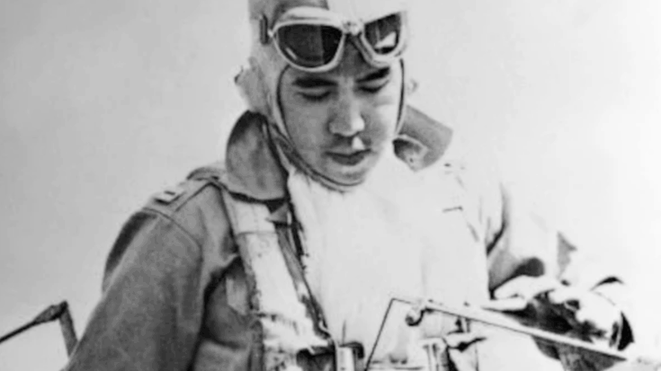 Col. Jesús A. Villamor, commanding officer of the 6th Pursuit Squadron, getting out of the plane after returning from a flight to Batangas Field.