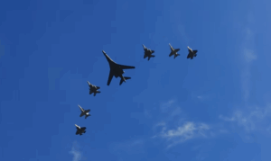 WATCH: B‑1 Bombers, F‑15 Eagles, Super Hornets and F‑35s Form Spectacular Flyover at Super Bowl LX
